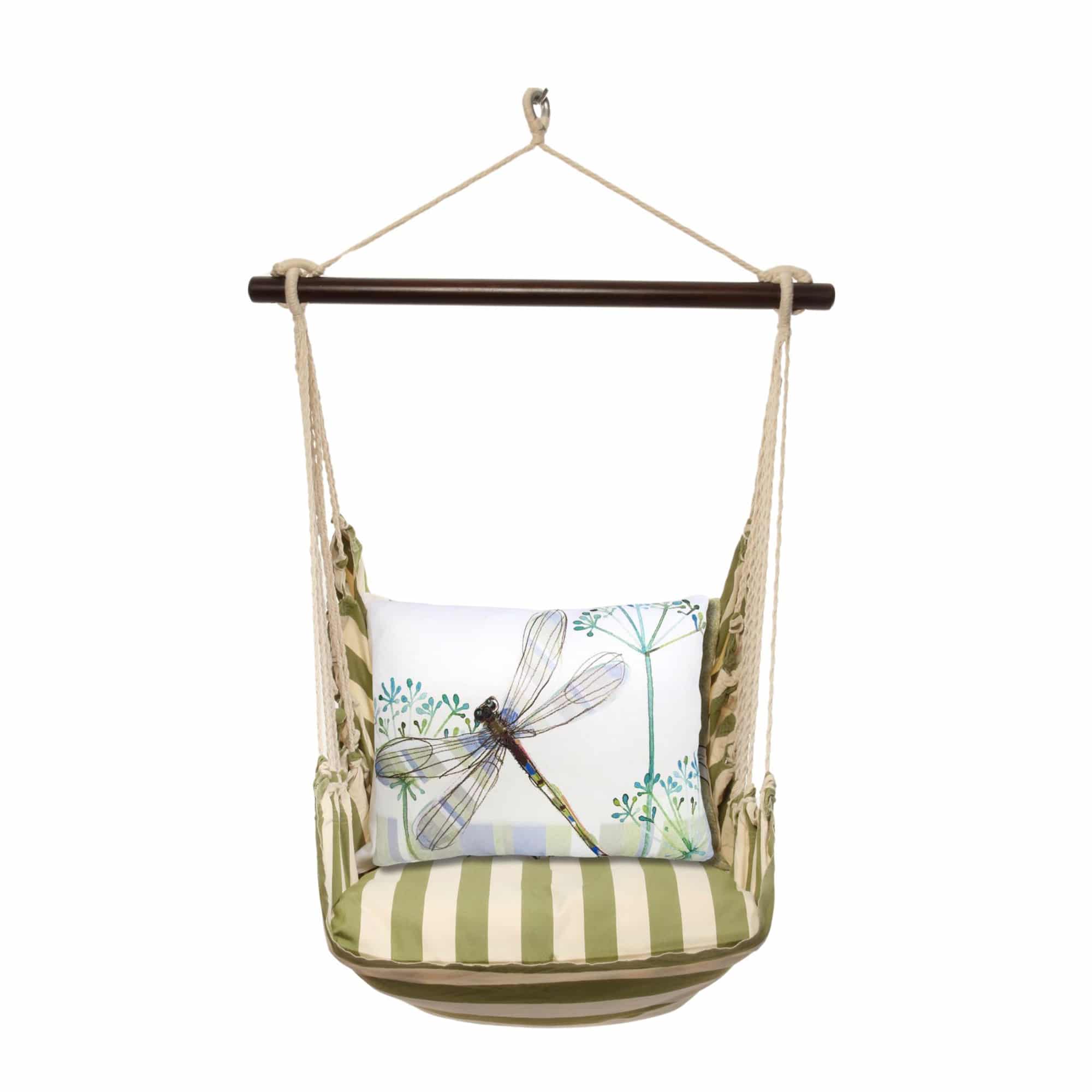 Multi colored outdoor swing crafted by the artisans of Magnolia Casual called the Swing Set 4 piece Summer Palms Stripe w/ Dragonfly Wisp featuring 100 percent weather resistant fabric, weather resistant polyester fabric, handcrafted shown against a clean backdrop featuring with a stripe motif.