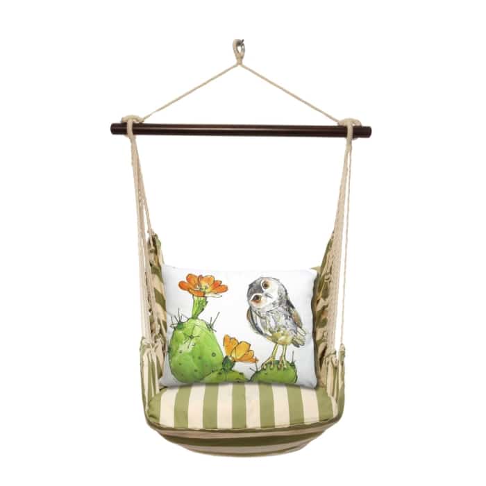 Multi colored outdoor swing crafted by the artisans of Magnolia Casual called the Swing Set 4 piece Summer Palms Stripe w/ Owl on Prickly Cactus featuring 100 percent weather resistant fabric, weather resistant polyester fabric, handcrafted shown against a clean backdrop featuring with a stripe motif.