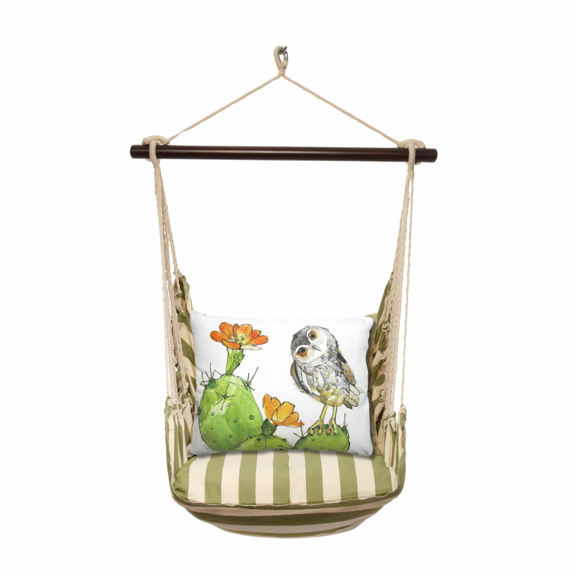 Multi colored outdoor swing crafted by the artisans of Magnolia Casual called the Swing Set 4 piece Summer Palms Stripe w/ Owl on Prickly Cactus featuring 100 percent weather resistant fabric, weather resistant polyester fabric, handcrafted shown against a clean backdrop featuring with a stripe motif.