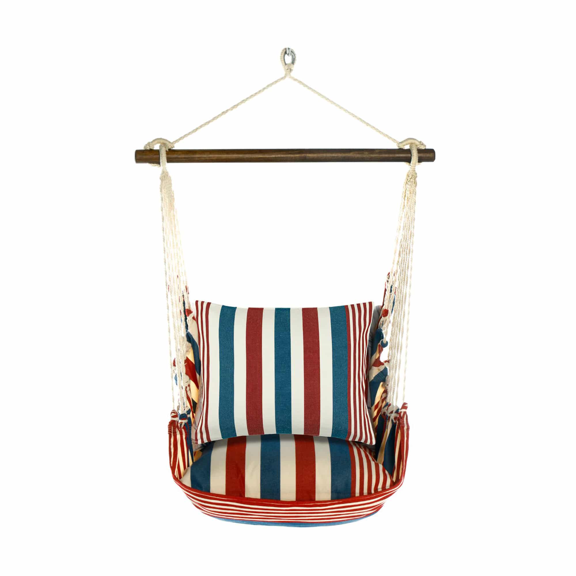 Multi colored outdoor swing crafted by the artisans of Magnolia Casual called the Swing Set 4 piece Stars & Stripes w/ Star & Stripe featuring 100 percent weather resistant fabric, weather resistant polyester fabric, handcrafted shown against a clean backdrop featuring with a stripes motif.