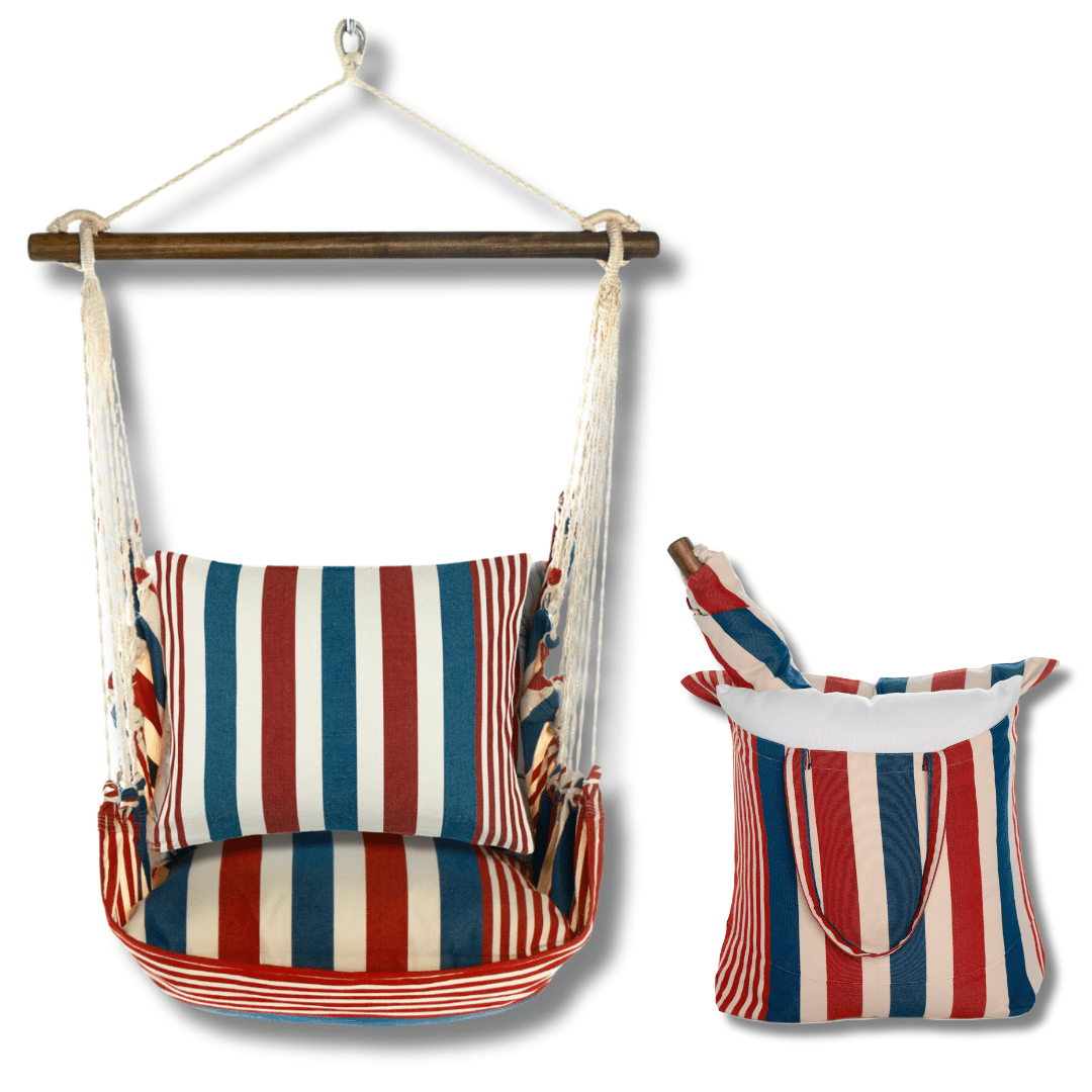 Multi colored outdoor swing crafted by the artisans of Magnolia Casual called the Swing Set 4 piece Stars & Stripes w/ Star & Stripe featuring 100 percent weather resistant fabric, weather resistant polyester fabric, handcrafted shown against a clean backdrop featuring with a stripes motif.