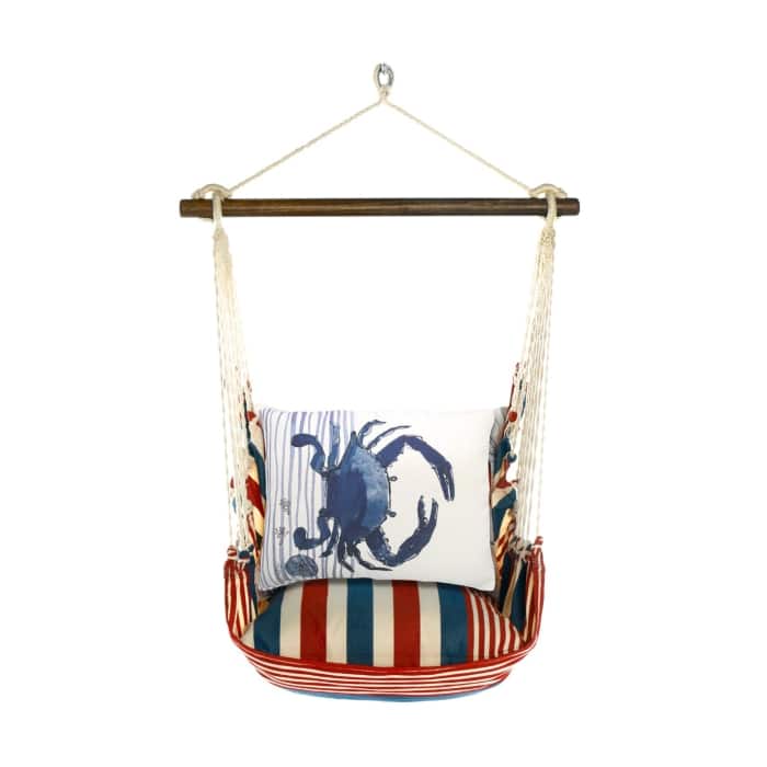 Multi colored outdoor swing crafted by the artisans of Magnolia Casual called the Swing Set 4 piece Stars & Stripes w/ Crab featuring 100 percent weather resistant fabric, weather resistant polyester fabric, handcrafted shown against a clean backdrop featuring with a stripes motif.