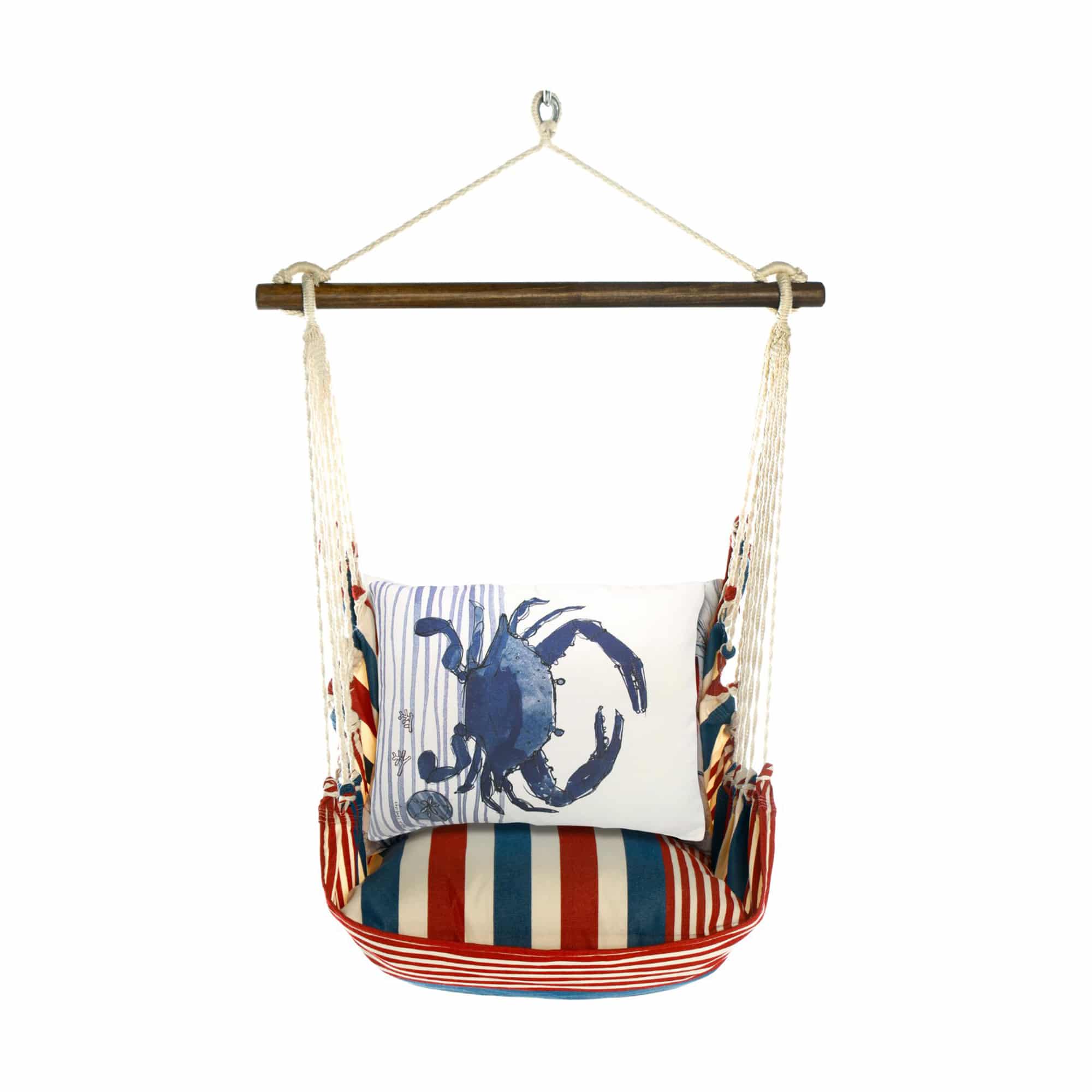 Multi colored outdoor swing crafted by the artisans of Magnolia Casual called the Swing Set 4 piece Stars & Stripes w/ Crab featuring 100 percent weather resistant fabric, weather resistant polyester fabric, handcrafted shown against a clean backdrop featuring with a stripes motif.