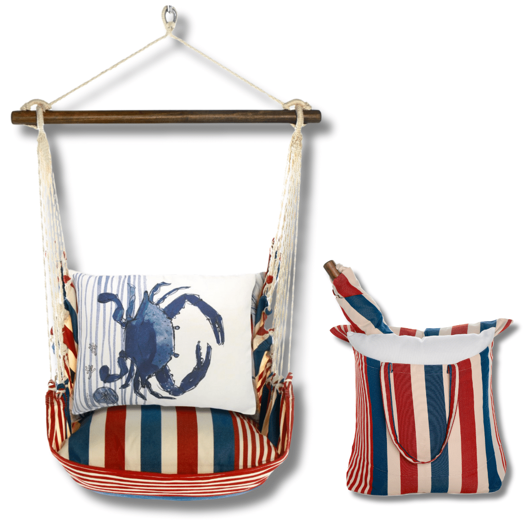 Multi colored outdoor swing crafted by the artisans of Magnolia Casual called the Swing Set 4 piece Stars & Stripes w/ Crab featuring 100 percent weather resistant fabric, weather resistant polyester fabric, handcrafted shown against a clean backdrop featuring with a stripes motif.