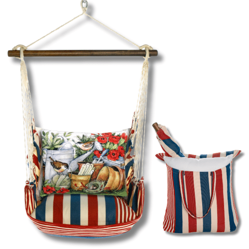 Multi colored outdoor swing crafted by the artisans of Magnolia Casual called the Swing Set 4 piece Stars & Stripes w/ Watering Can & Flower Pots featuring 100 percent weather resistant fabric, weather resistant polyester fabric, handcrafted shown against a clean backdrop featuring with a stripes motif.