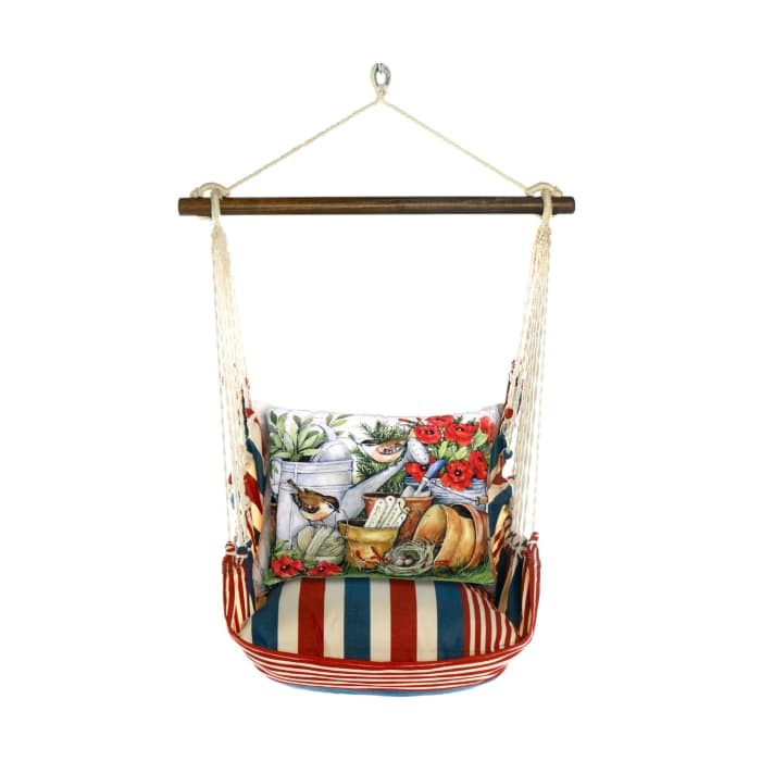 Multi colored outdoor swing crafted by the artisans of Magnolia Casual called the Swing Set 4 piece Stars & Stripes w/ Watering Can & Flower Pots featuring 100 percent weather resistant fabric, weather resistant polyester fabric, handcrafted shown against a clean backdrop featuring with a stripes motif.