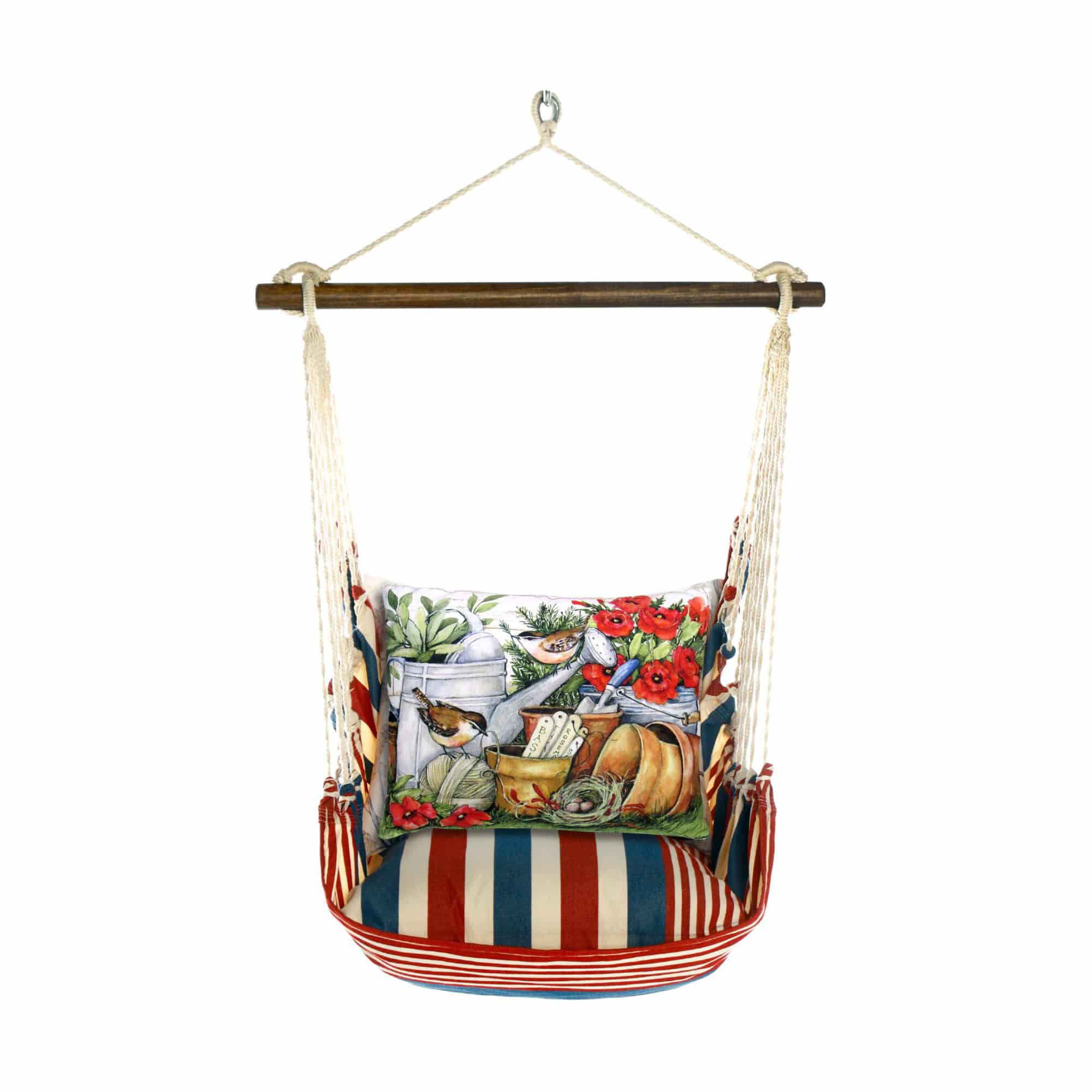 Multi colored outdoor swing crafted by the artisans of Magnolia Casual called the Swing Set 4 piece Stars & Stripes w/ Watering Can & Flower Pots featuring 100 percent weather resistant fabric, weather resistant polyester fabric, handcrafted shown against a clean backdrop featuring with a stripes motif.
