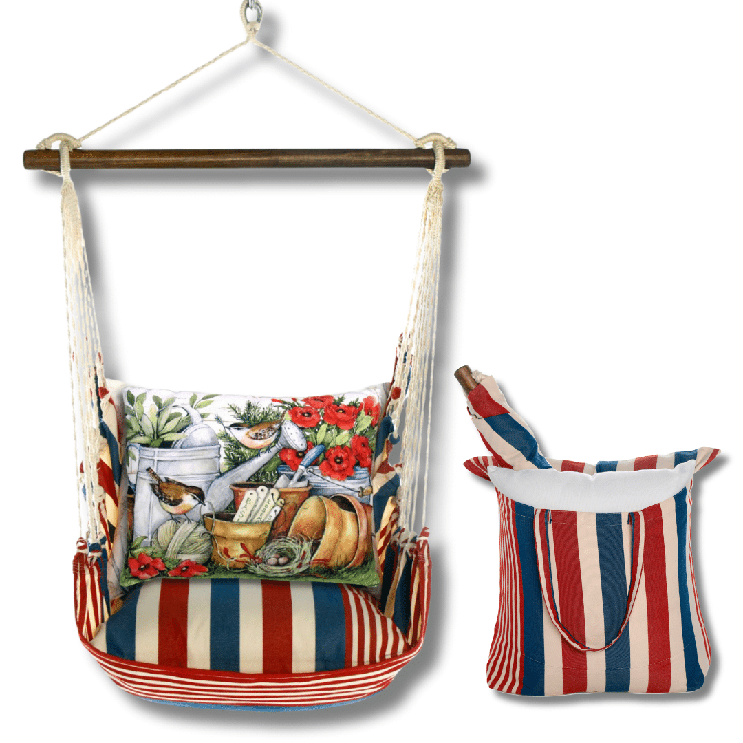 Multi colored outdoor swing crafted by the artisans of Magnolia Casual called the Swing Set 4 piece Stars & Stripes w/ Watering Can & Flower Pots featuring 100 percent weather resistant fabric, weather resistant polyester fabric, handcrafted shown against a clean backdrop featuring with a stripes motif.
