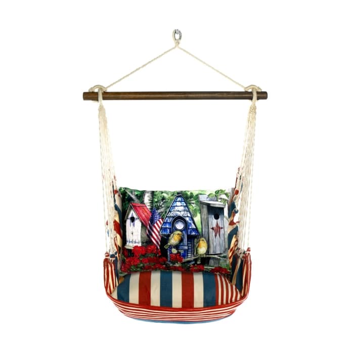 Multi colored outdoor swing crafted by the artisans of Magnolia Casual called the Swing Set 4 piece Stars & Stripes w/ Americana Birdhouses featuring 100 percent weather resistant fabric, weather resistant polyester fabric, handcrafted shown against a clean backdrop featuring with a stripes motif.