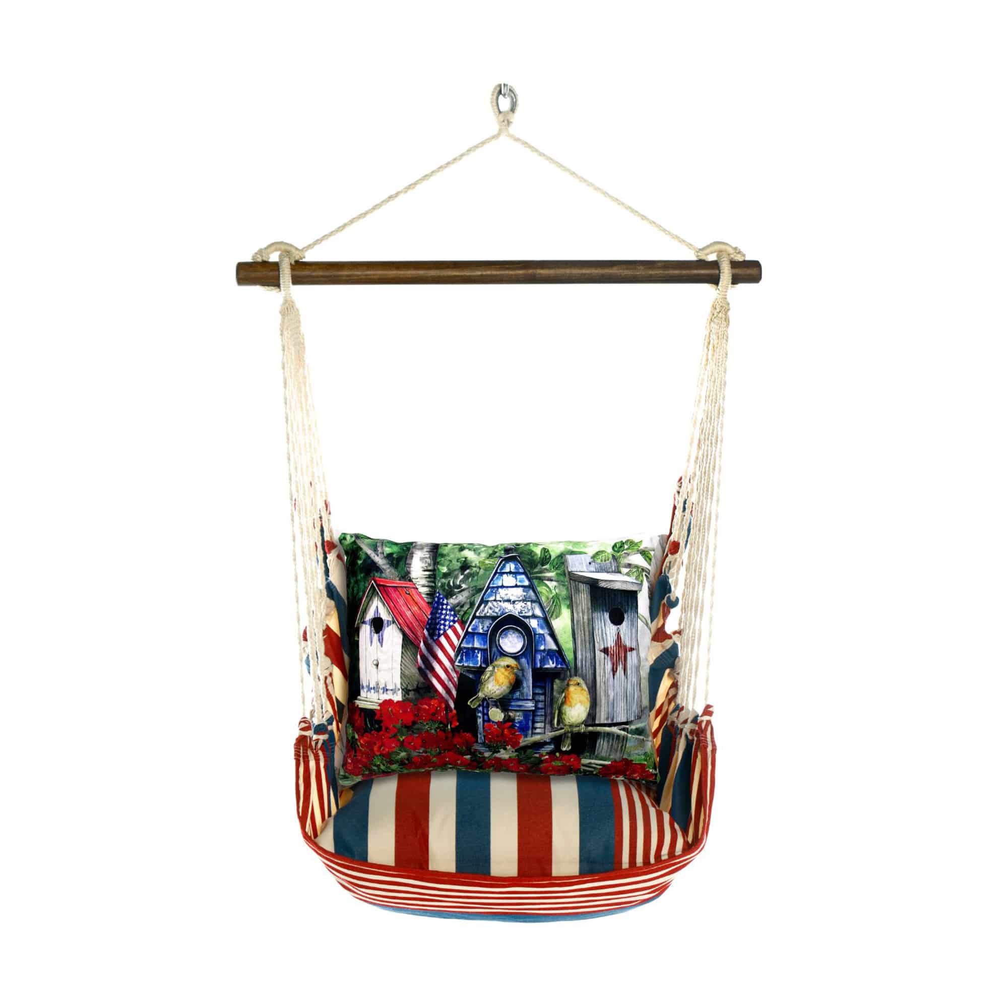 Multi colored outdoor swing crafted by the artisans of Magnolia Casual called the Swing Set 4 piece Stars & Stripes w/ Americana Birdhouses featuring 100 percent weather resistant fabric, weather resistant polyester fabric, handcrafted shown against a clean backdrop featuring with a stripes motif.
