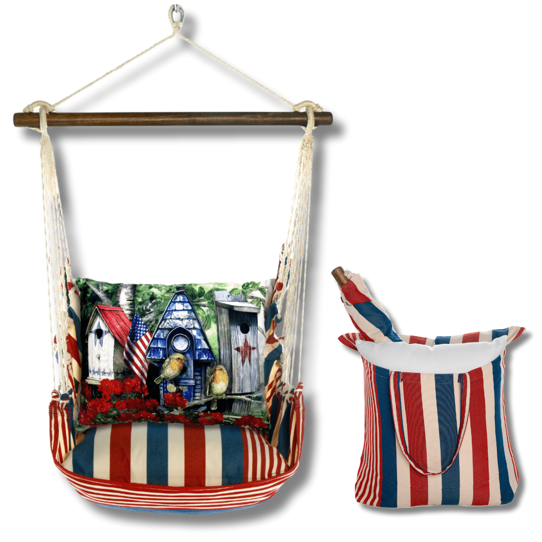 Multi colored outdoor swing crafted by the artisans of Magnolia Casual called the Swing Set 4 piece Stars & Stripes w/ Americana Birdhouses featuring 100 percent weather resistant fabric, weather resistant polyester fabric, handcrafted shown against a clean backdrop featuring with a stripes motif.
