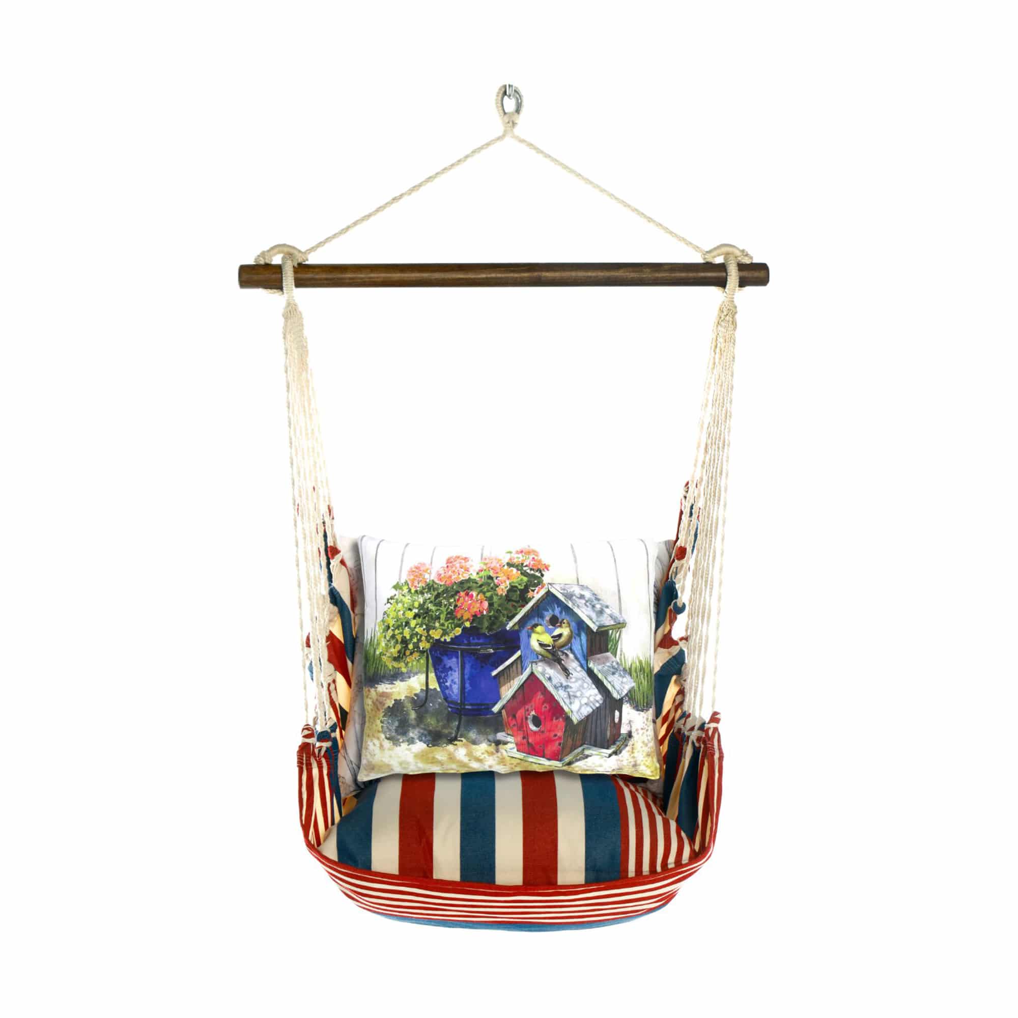 Multi colored outdoor swing crafted by the artisans of Magnolia Casual called the Swing Set 4 piece Stars & Stripes w/ Birdhouses & Flowers featuring 100 percent weather resistant fabric, weather resistant polyester fabric, handcrafted shown against a clean backdrop featuring with a stripes motif.