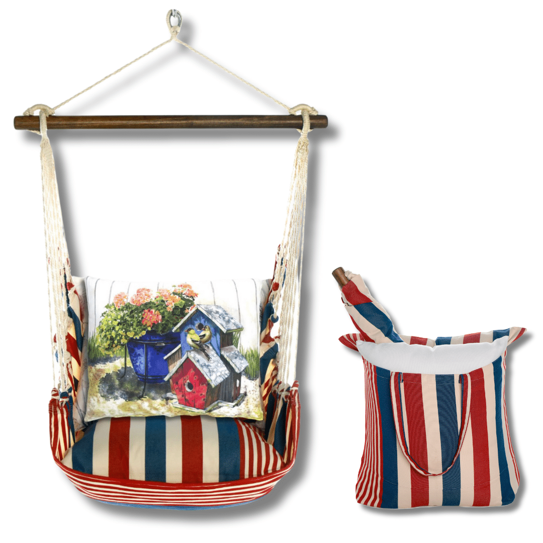 Multi colored outdoor swing crafted by the artisans of Magnolia Casual called the Swing Set 4 piece Stars & Stripes w/ Birdhouses & Flowers featuring 100 percent weather resistant fabric, weather resistant polyester fabric, handcrafted shown against a clean backdrop featuring with a stripes motif.