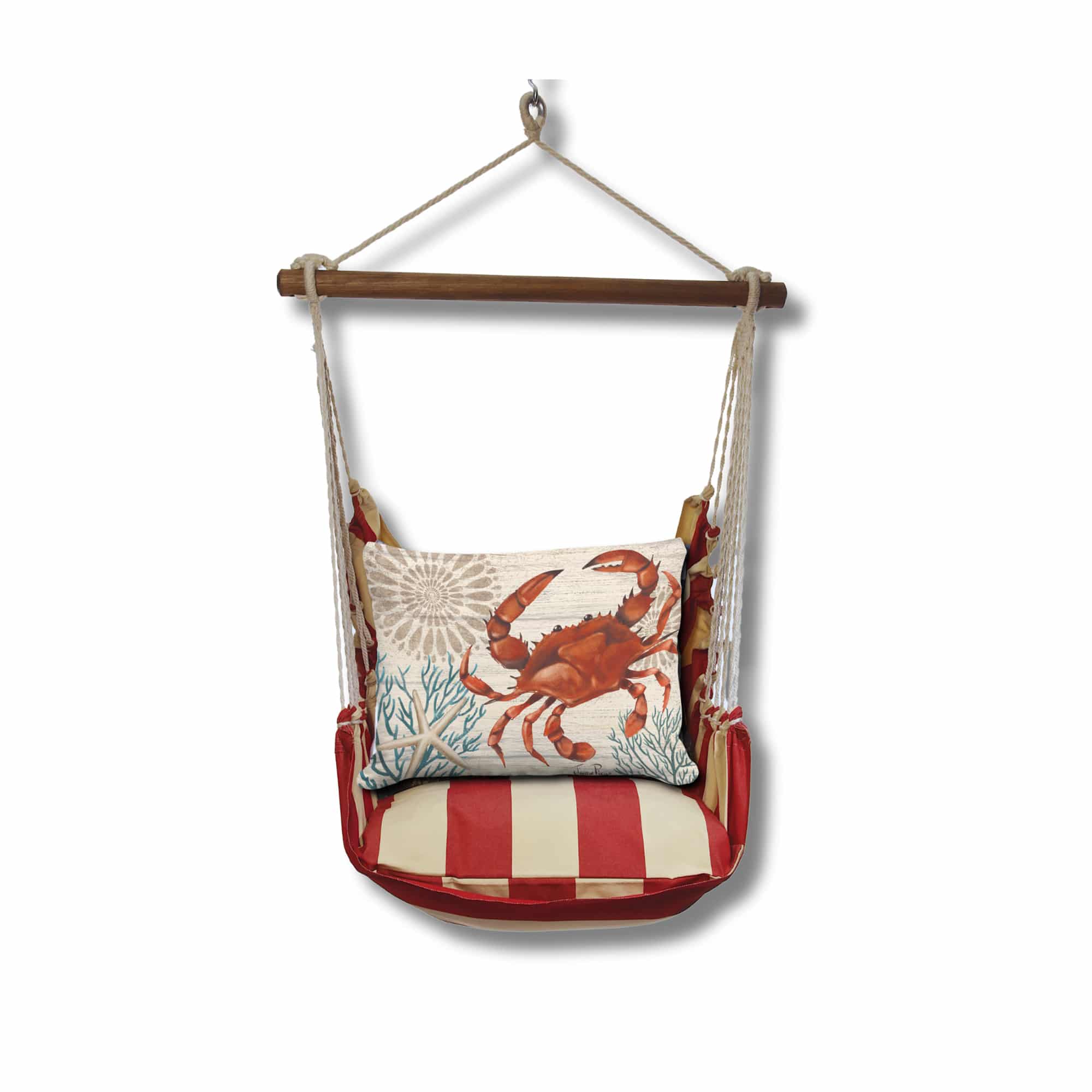 Multi colored outdoor swing crafted by the artisans of Magnolia Casual called the Swing Set 4 piece Americana Stripe w/ Crab with Corals featuring 100 percent weather resistant fabric, weather resistant polyester fabric, handcrafted shown against a clean backdrop featuring with a stripe motif.