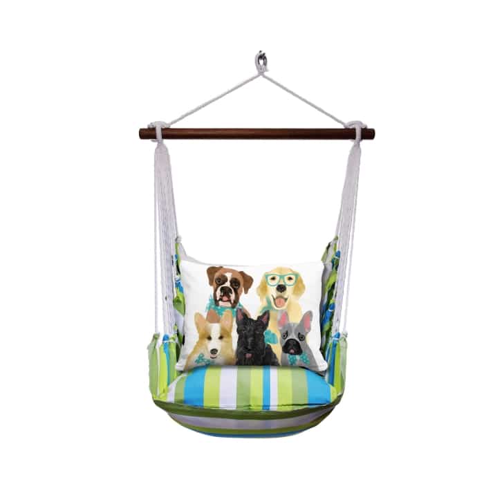 Multi colored outdoor swing crafted by the artisans of Magnolia Casual called the Swing Set 4 piece Beach Boulevard Stripe w/ Dog Portrait featuring 100 percent weather resistant fabric, weather resistant polyester fabric shown against a clean backdrop featuring with a stripe motif.