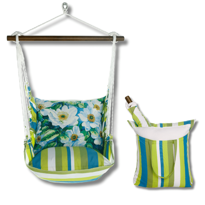 White outdoor swing crafted by the artisans of Magnolia Casual called the Swing Set 4 piece Beach Boulevard Stripe w/ White Anemone Flowers featuring 100 percent weather resistant fabric, weather resistant polyester fabric shown against a clean backdrop featuring with a stripe motif and shades of white.