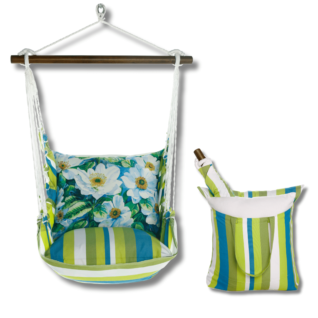 White outdoor swing crafted by the artisans of Magnolia Casual called the Swing Set 4 piece Beach Boulevard Stripe w/ White Anemone Flowers featuring 100 percent weather resistant fabric, weather resistant polyester fabric shown against a clean backdrop featuring with a stripe motif and shades of white.