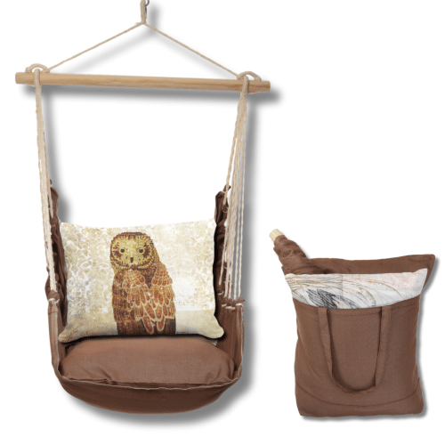 Multi colored outdoor swing crafted by the artisans of Magnolia Casual called the Swing Set 4 piece Chocolate Solid w/ Owl Portrait featuring 100 percent weather resistant fabric, weather resistant polyester fabric, artisan, natural materials shown against a clean backdrop featuring with a owl motif.