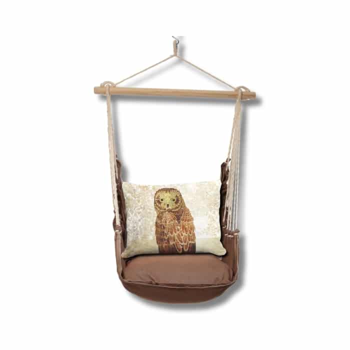 Multi colored outdoor swing crafted by the artisans of Magnolia Casual called the Swing Set 4 piece Chocolate Solid w/ Owl Portrait featuring 100 percent weather resistant fabric, weather resistant polyester fabric, artisan, natural materials shown against a clean backdrop featuring with a owl motif.