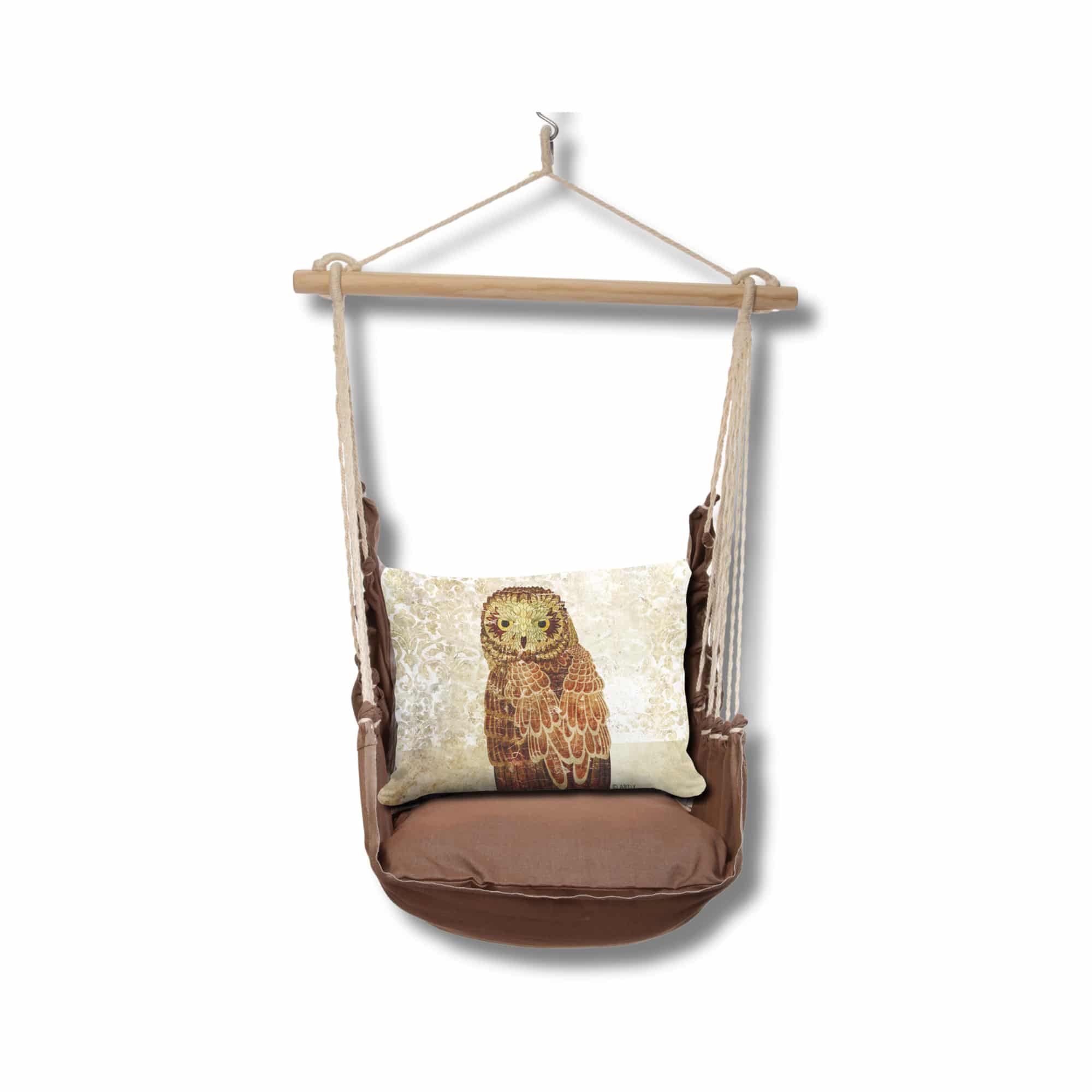 Multi colored outdoor swing crafted by the artisans of Magnolia Casual called the Swing Set 4 piece Chocolate Solid w/ Owl Portrait featuring 100 percent weather resistant fabric, weather resistant polyester fabric, artisan, natural materials shown against a clean backdrop featuring with a owl motif.