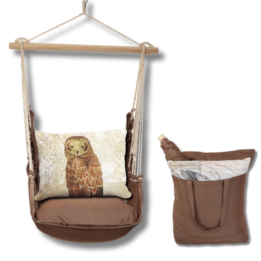 Multi colored outdoor swing crafted by the artisans of Magnolia Casual called the Swing Set 4 piece Chocolate Solid w/ Owl Portrait featuring 100 percent weather resistant fabric, weather resistant polyester fabric, artisan, natural materials shown against a clean backdrop featuring with a owl motif.