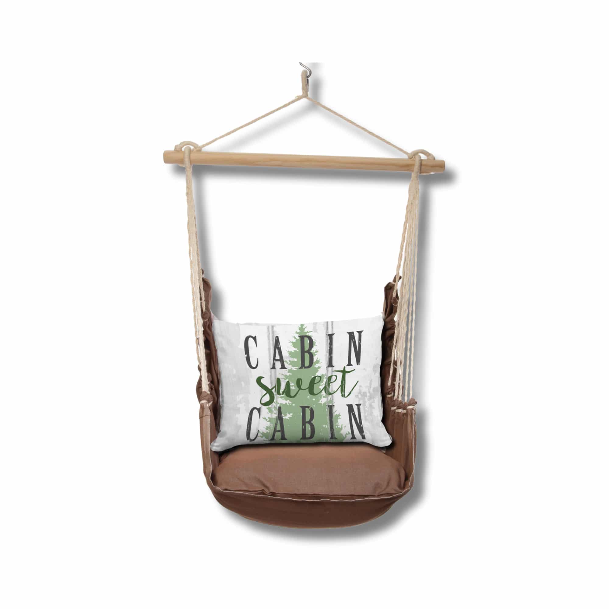 Multi colored outdoor swing crafted by the artisans of Magnolia Casual called the Swing Set 4 piece Chocolate Solid w/ Cabin Sweet Cabin featuring 100 percent weather resistant fabric, weather resistant polyester fabric, artisan, natural materials shown against a clean backdrop.