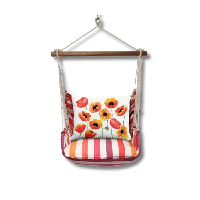 Multi colored outdoor swing crafted by the artisans of Magnolia Casual called the Swing Set 4 piece Cristina Stripe w/ Poppy Blossoms featuring 100 percent weather resistant fabric, weather resistant polyester fabric, handcrafted shown against a clean backdrop featuring with a stripe motif.