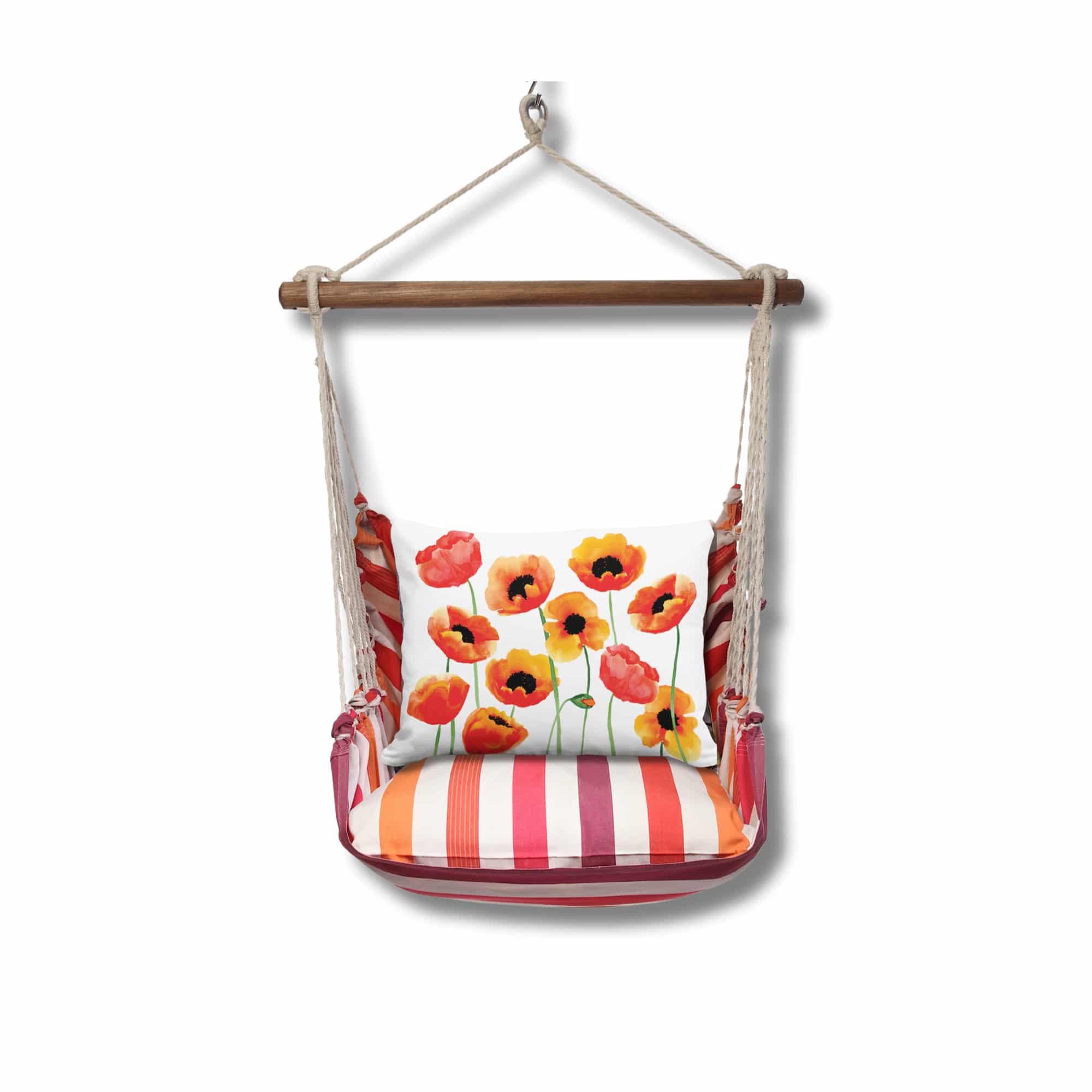 Multi colored outdoor swing crafted by the artisans of Magnolia Casual called the Swing Set 4 piece Cristina Stripe w/ Poppy Blossoms featuring 100 percent weather resistant fabric, weather resistant polyester fabric, handcrafted shown against a clean backdrop featuring with a stripe motif.