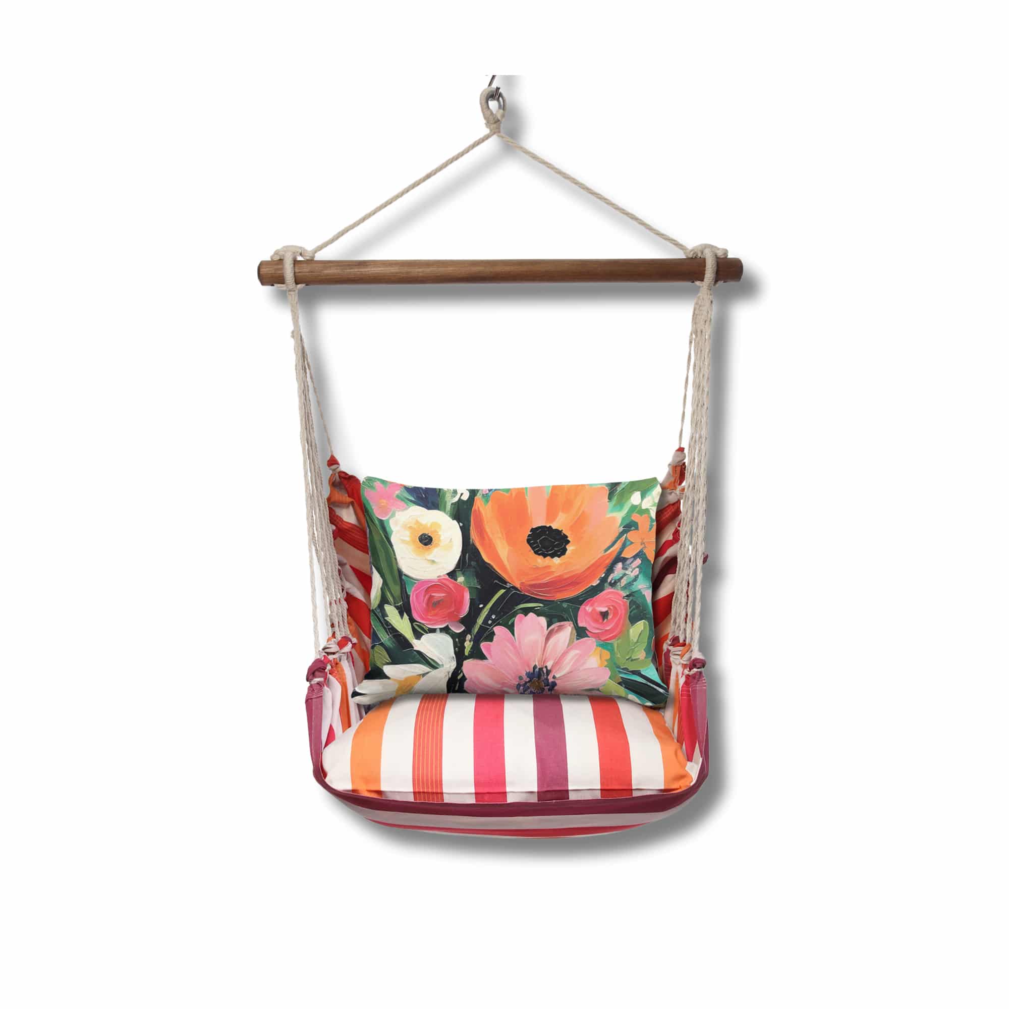 Multi colored outdoor swing crafted by the artisans of Magnolia Casual called the Swing Set 4 piece Cristina Stripe w/ Spring Fling featuring 100 percent weather resistant fabric, weather resistant polyester fabric, handcrafted shown against a clean backdrop featuring with a stripe motif.