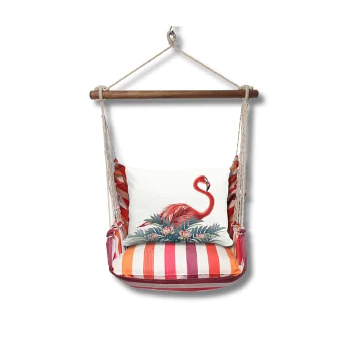 Pink outdoor swing crafted by the artisans of Magnolia Casual called the Swing Set 4 piece Cristina Stripe w/ Vivid Flamingo Pink featuring 100 percent weather resistant fabric, weather resistant polyester fabric, handcrafted shown against a clean backdrop featuring with a stripe motif and shades of pink.