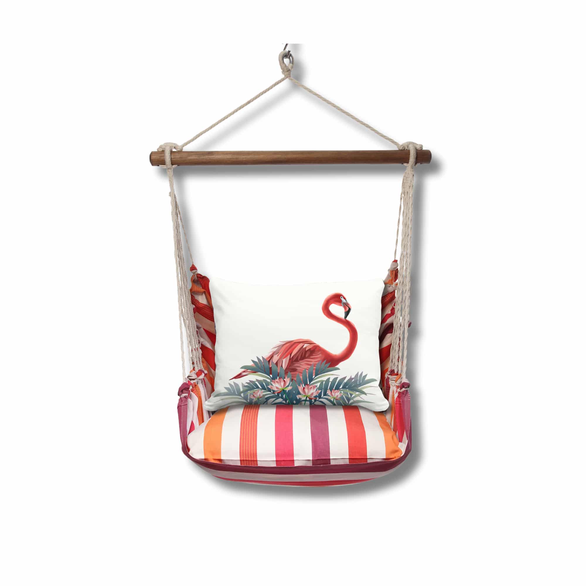 Pink outdoor swing crafted by the artisans of Magnolia Casual called the Swing Set 4 piece Cristina Stripe w/ Vivid Flamingo Pink featuring 100 percent weather resistant fabric, weather resistant polyester fabric, handcrafted shown against a clean backdrop featuring with a stripe motif and shades of pink.