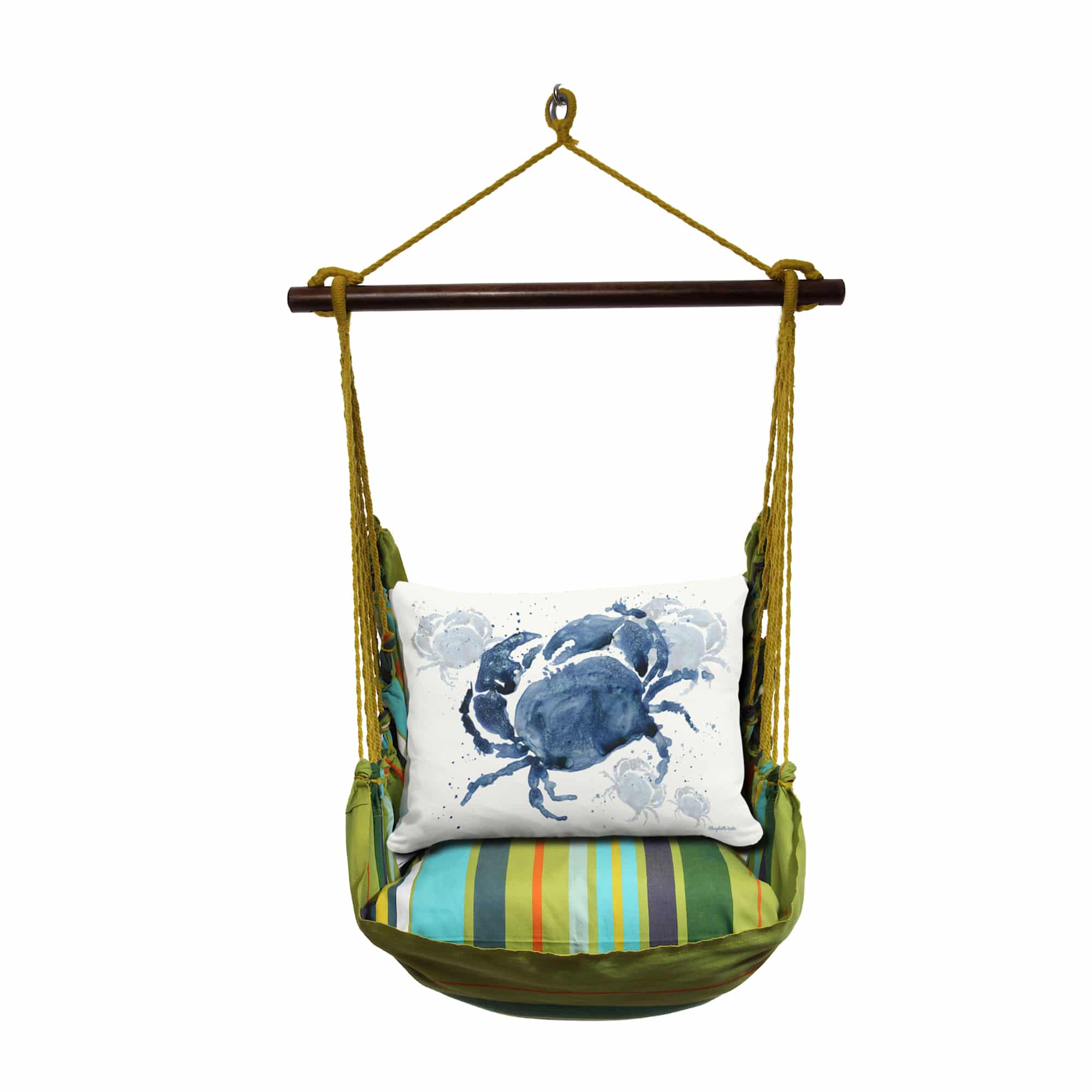 Multi colored outdoor swing crafted by the artisans of Magnolia Casual called the Swing Set 4 piece Citrus Stripe w/ Indigo Crab featuring 100 percent weather resistant fabric, weather resistant polyester fabric, handcrafted shown against a clean backdrop featuring with a stripe motif.
