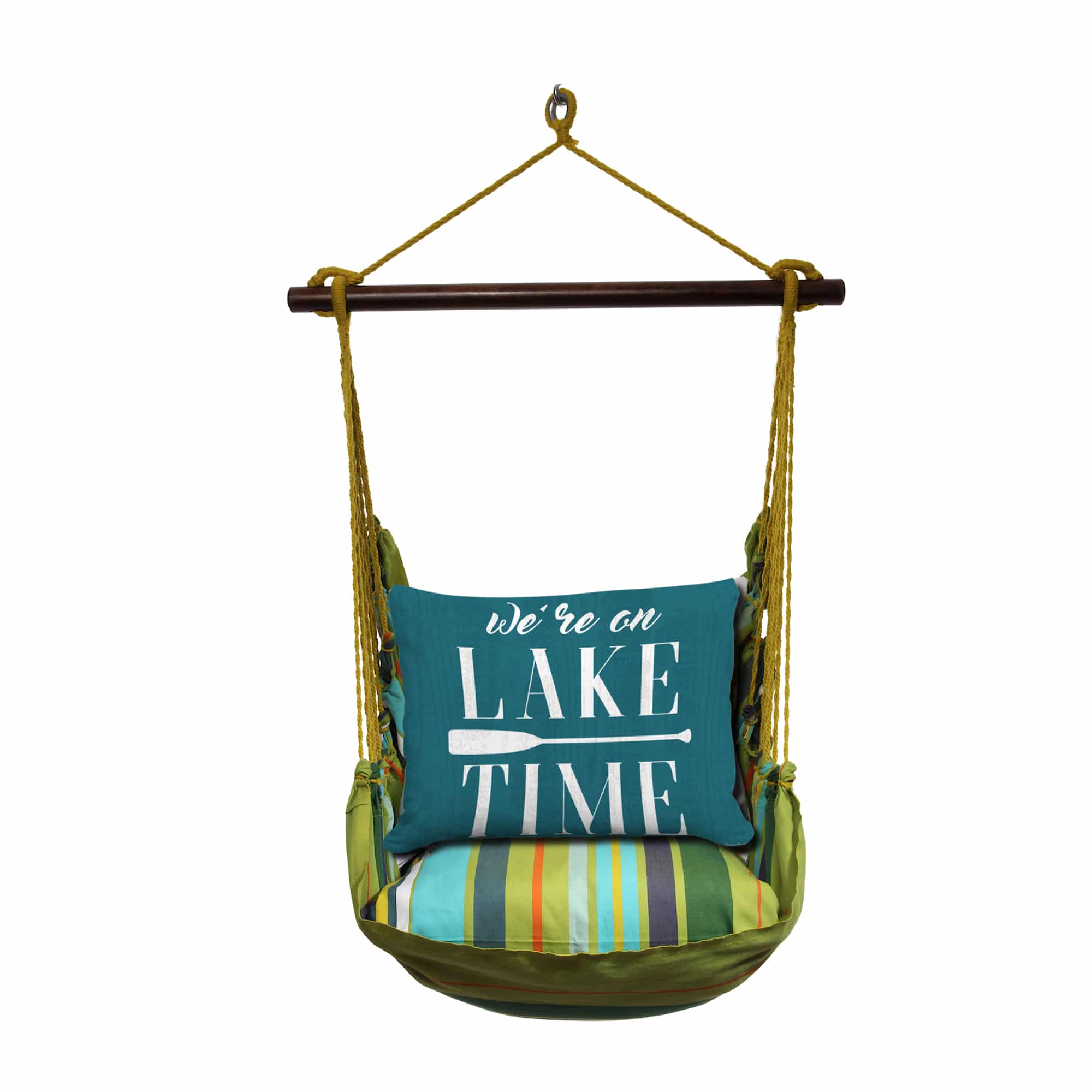 Teal outdoor swing crafted by the artisans of Magnolia Casual called the Swing Set 4 piece Citrus Stripe w/ Lake Time on Teal featuring 100 percent weather resistant fabric, weather resistant polyester fabric, handcrafted shown against a clean backdrop featuring with a stripe motif and shades of teal.
