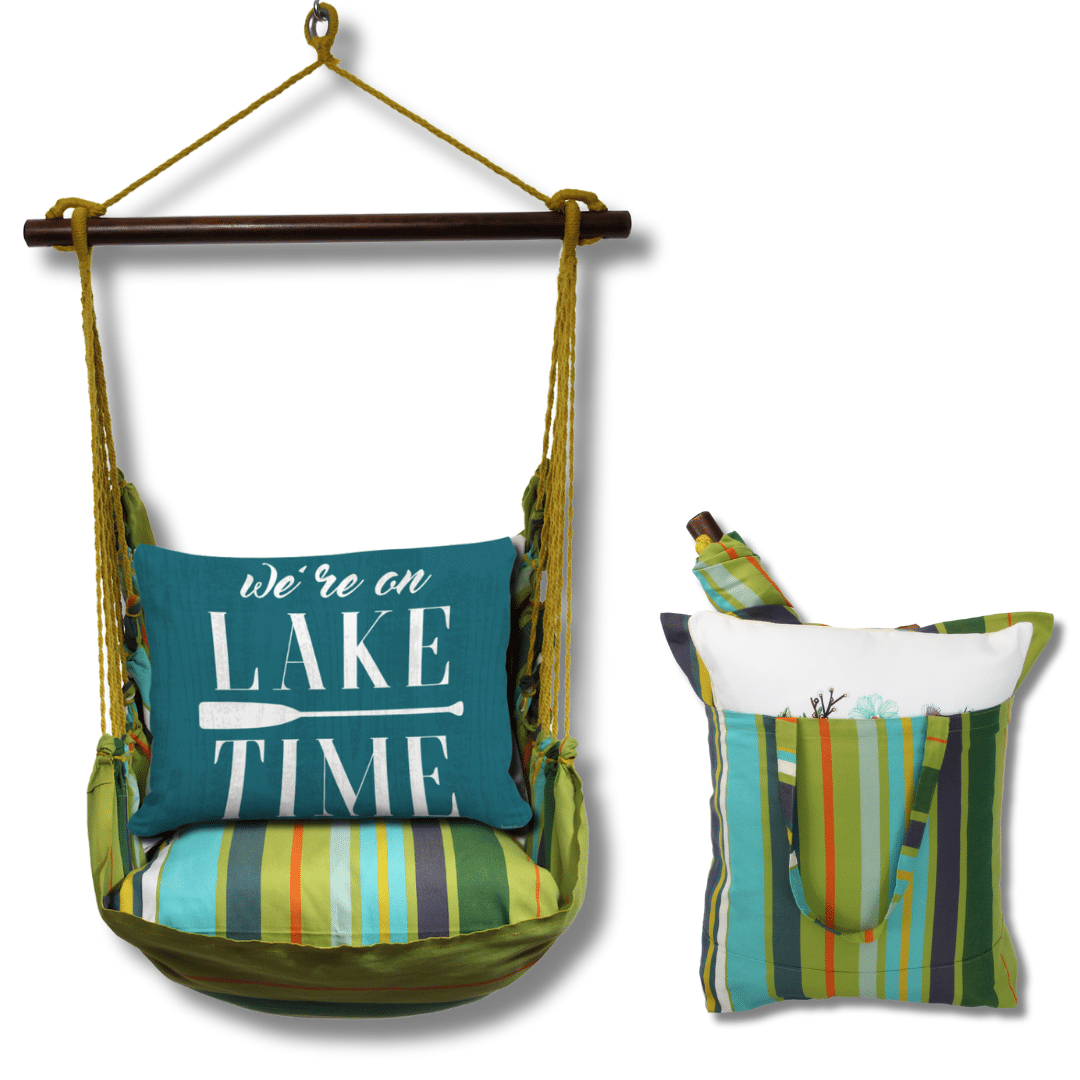 Teal outdoor swing crafted by the artisans of Magnolia Casual called the Swing Set 4 piece Citrus Stripe w/ Lake Time on Teal featuring 100 percent weather resistant fabric, weather resistant polyester fabric, handcrafted shown against a clean backdrop featuring with a stripe motif and shades of teal.