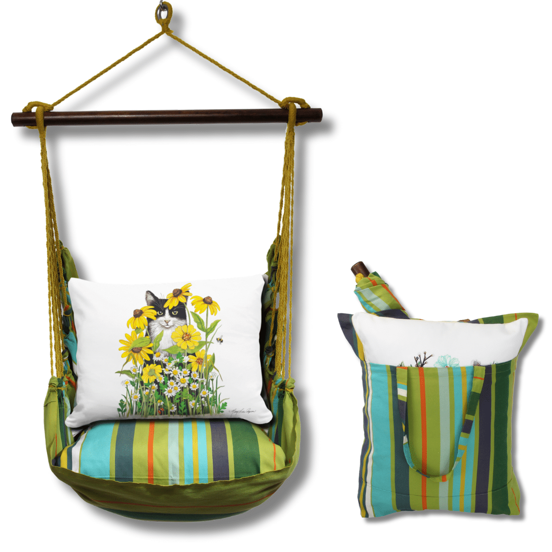 Multi colored outdoor swing crafted by the artisans of Magnolia Casual called the Swing Set 4 piece Citrus Stripe w/ Cat with Daisies featuring 100 percent weather resistant fabric, weather resistant polyester fabric, handcrafted shown against a clean backdrop featuring with a stripe motif.
