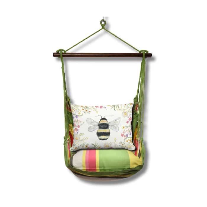 Multi colored outdoor swing crafted by the artisans of Magnolia Casual called the Swing Set 4 piece Fresh Lime Stripe w/ Floral Bee featuring 100 percent weather resistant fabric, weather resistant polyester fabric, handcrafted shown against a clean backdrop featuring with a stripe motif and shades of lime.
