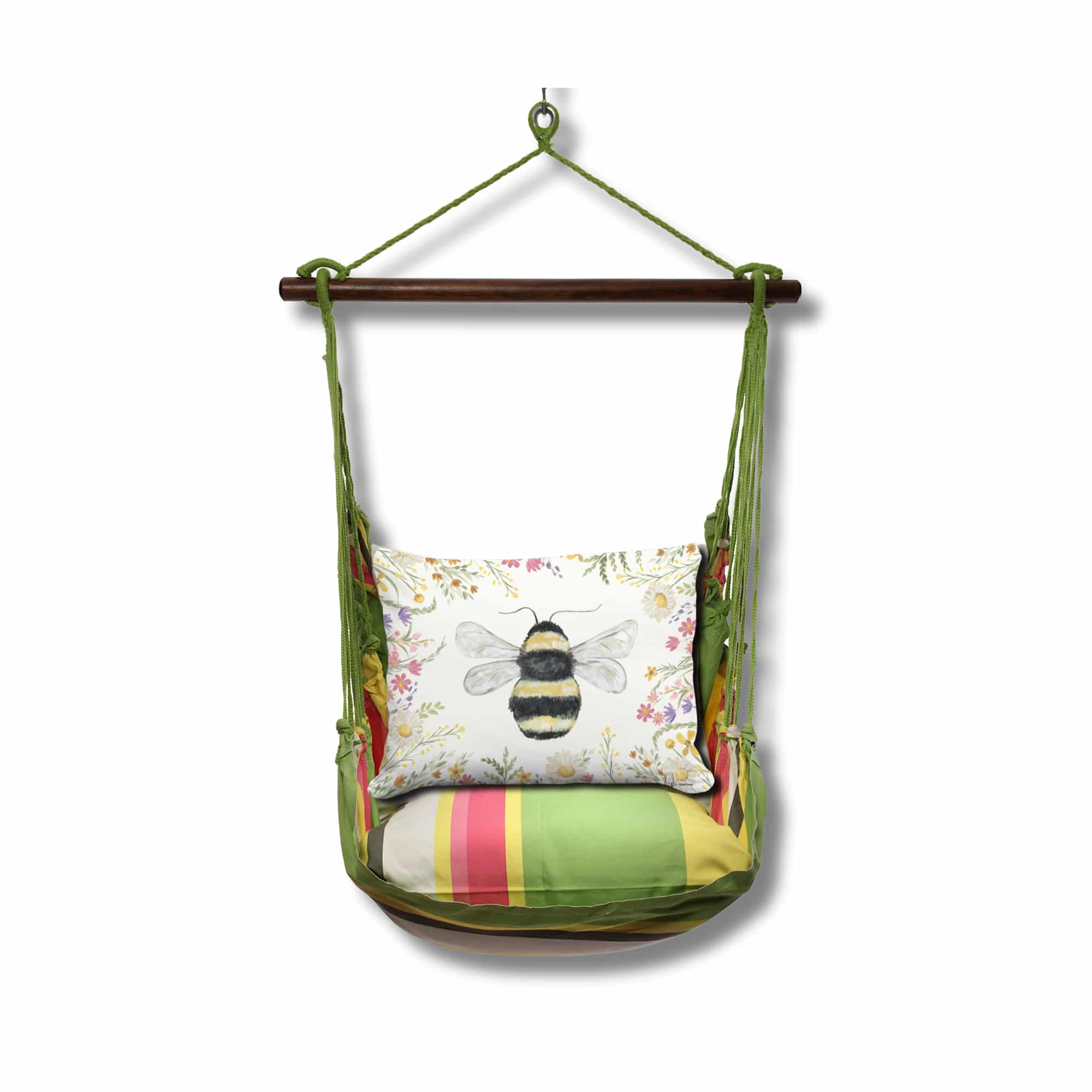 Multi colored outdoor swing crafted by the artisans of Magnolia Casual called the Swing Set 4 piece Fresh Lime Stripe w/ Floral Bee featuring 100 percent weather resistant fabric, weather resistant polyester fabric, handcrafted shown against a clean backdrop featuring with a stripe motif and shades of lime.