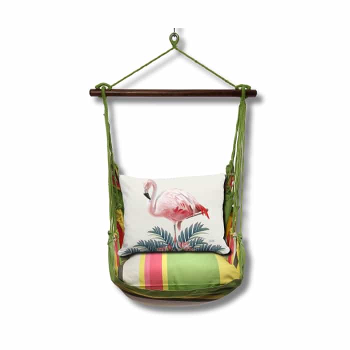 White outdoor swing crafted by the artisans of Magnolia Casual called the Swing Set 4 piece Fresh Lime Stripe w/ Vivid Flamingo White featuring 100 percent weather resistant fabric, weather resistant polyester fabric, handcrafted shown against a clean backdrop featuring with a stripe motif and shades of lime and white.