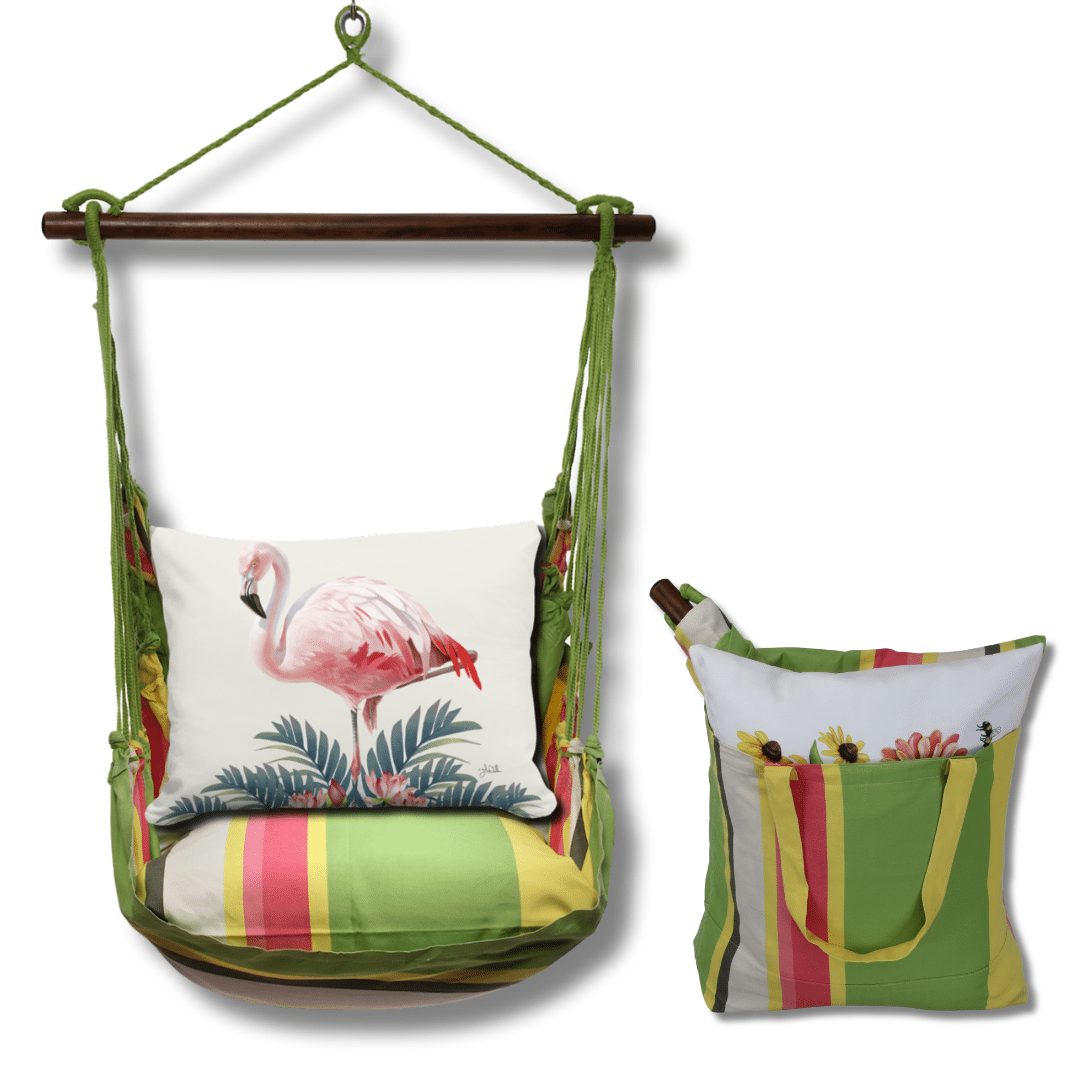 White outdoor swing crafted by the artisans of Magnolia Casual called the Swing Set 4 piece Fresh Lime Stripe w/ Vivid Flamingo White featuring 100 percent weather resistant fabric, weather resistant polyester fabric, handcrafted shown against a clean backdrop featuring with a stripe motif and shades of lime and white.
