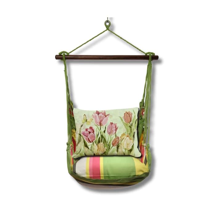 Pink outdoor swing crafted by the artisans of Magnolia Casual called the Swing Set 4 piece Fresh Lime Stripe w/ Pink and Yellow Tulips featuring 100 percent weather resistant fabric, weather resistant polyester fabric, handcrafted shown against a clean backdrop featuring with a stripe motif and shades of lime, pink and yellow.