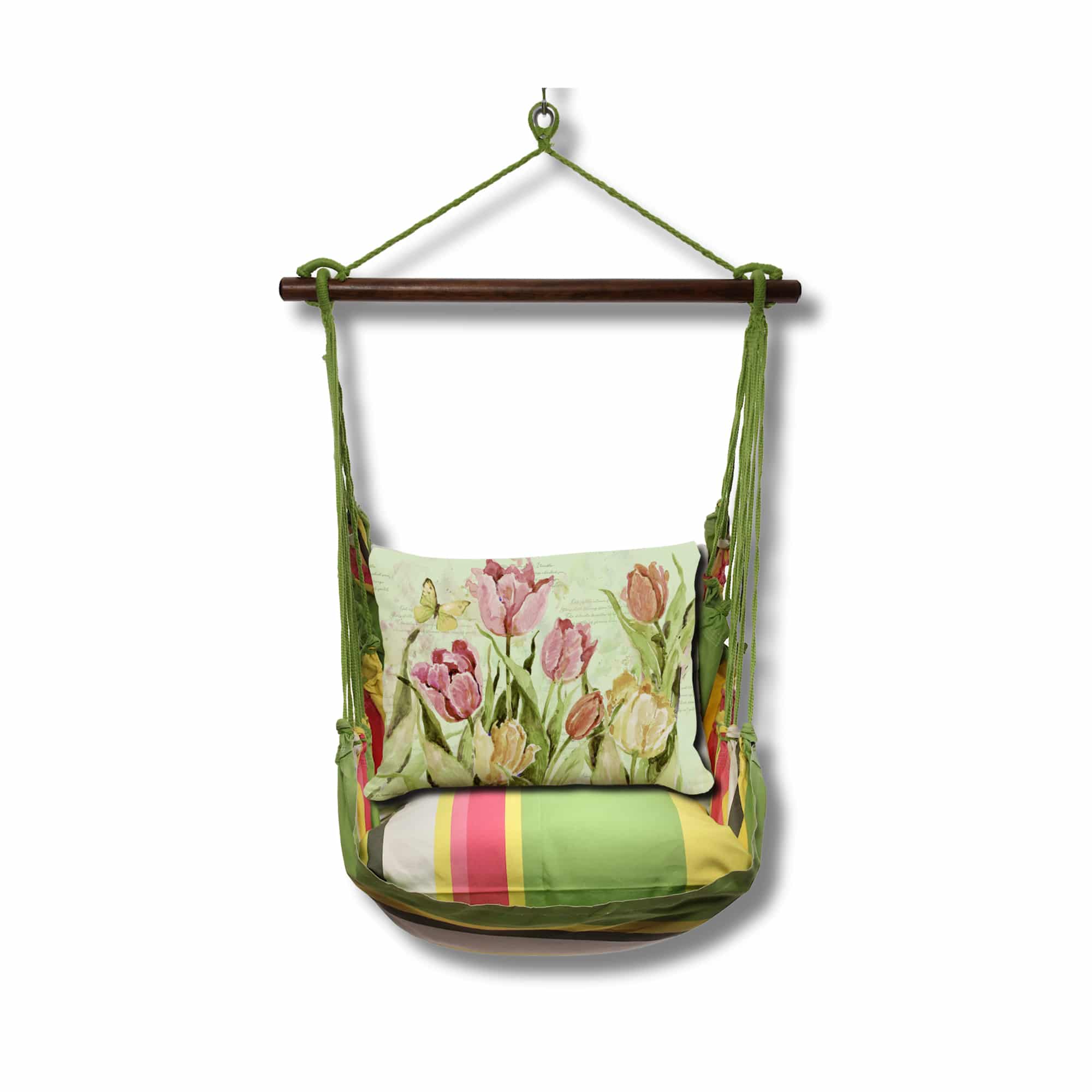 Pink outdoor swing crafted by the artisans of Magnolia Casual called the Swing Set 4 piece Fresh Lime Stripe w/ Pink and Yellow Tulips featuring 100 percent weather resistant fabric, weather resistant polyester fabric, handcrafted shown against a clean backdrop featuring with a stripe motif and shades of lime, pink and yellow.