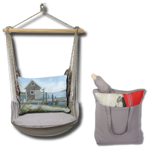 Gray outdoor swing crafted by the artisans of Magnolia Casual called the Swing Set 4 piece Gray Solid w/ Boat House Pier featuring 100 percent weather resistant fabric, weather resistant polyester fabric, handcrafted shown against a clean backdrop featuring shades of gray.