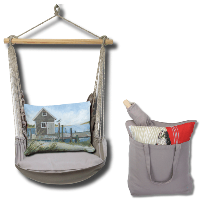 Gray outdoor swing crafted by the artisans of Magnolia Casual called the Swing Set 4 piece Gray Solid w/ Boat House Pier featuring 100 percent weather resistant fabric, weather resistant polyester fabric, handcrafted shown against a clean backdrop featuring shades of gray.