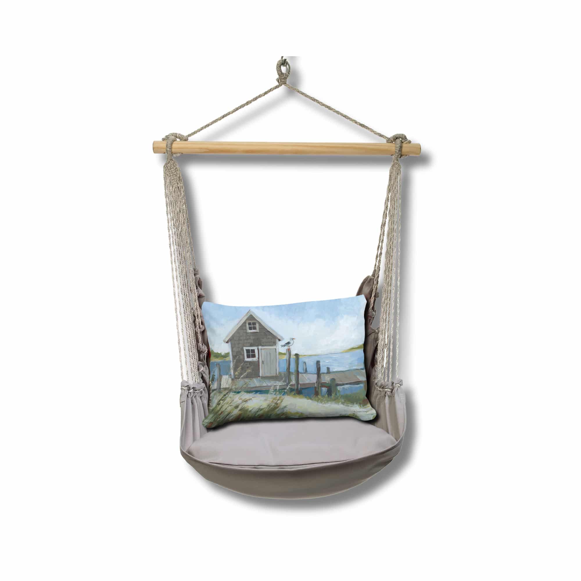 Gray outdoor swing crafted by the artisans of Magnolia Casual called the Swing Set 4 piece Gray Solid w/ Boat House Pier featuring 100 percent weather resistant fabric, weather resistant polyester fabric, handcrafted shown against a clean backdrop featuring shades of gray.