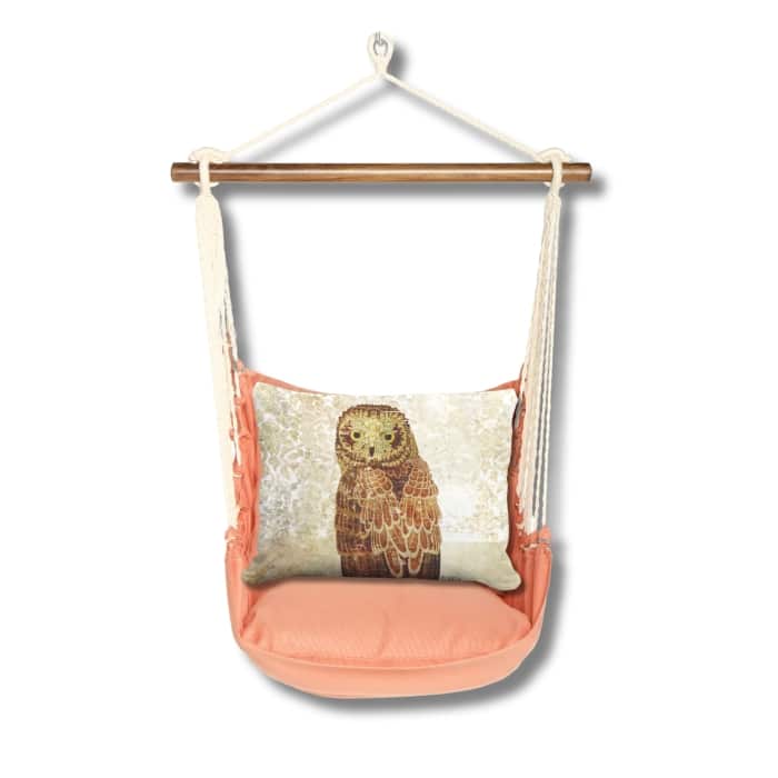 Multi colored outdoor swing crafted by the artisans of Magnolia Casual called the Swing Set 4 piece Living Coral w/ Owl Portrait featuring 100 percent weather resistant fabric, weather resistant polyester fabric, handcrafted shown against a clean backdrop featuring with a coral motif and shades of coral.