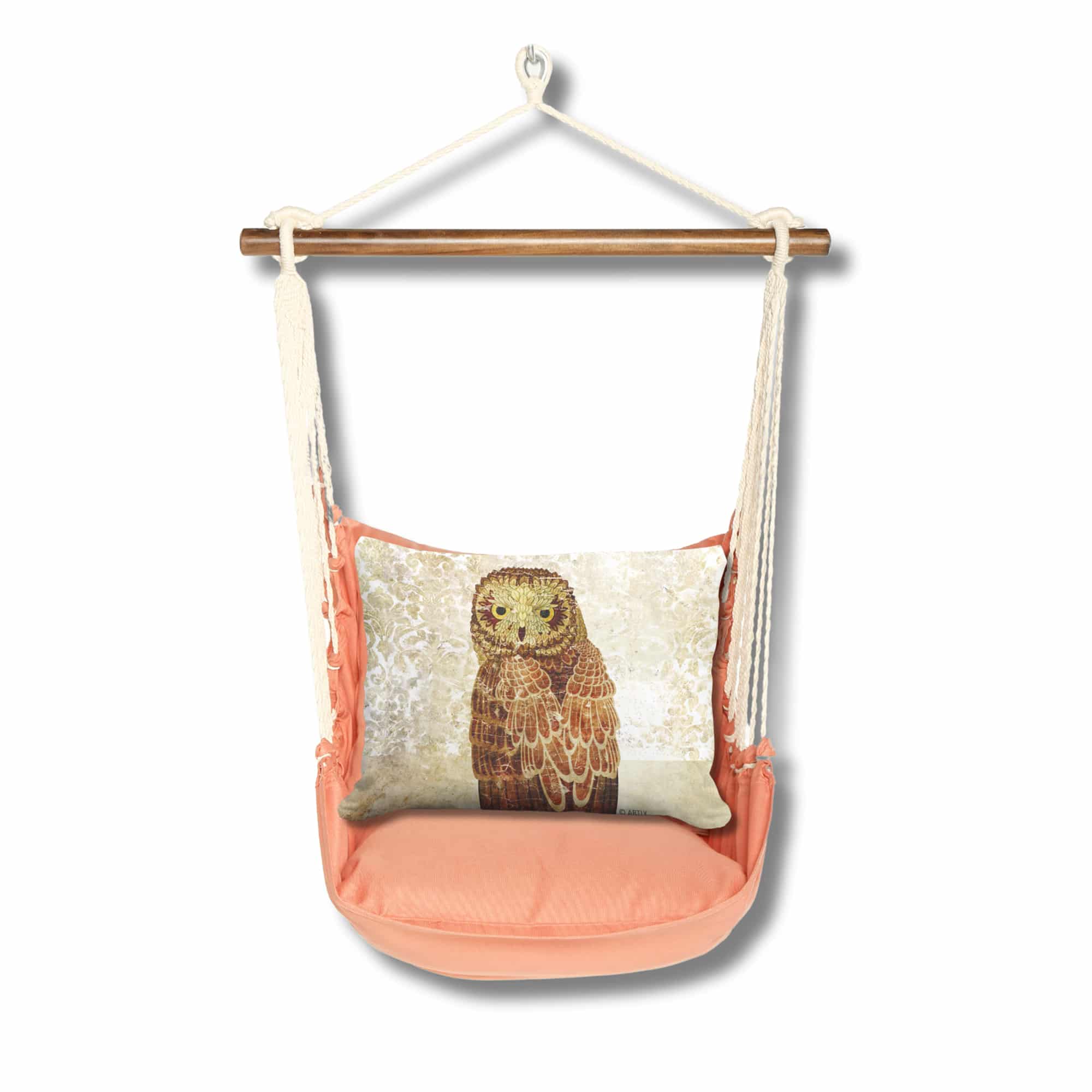 Multi colored outdoor swing crafted by the artisans of Magnolia Casual called the Swing Set 4 piece Living Coral w/ Owl Portrait featuring 100 percent weather resistant fabric, weather resistant polyester fabric, handcrafted shown against a clean backdrop featuring with a coral motif and shades of coral.