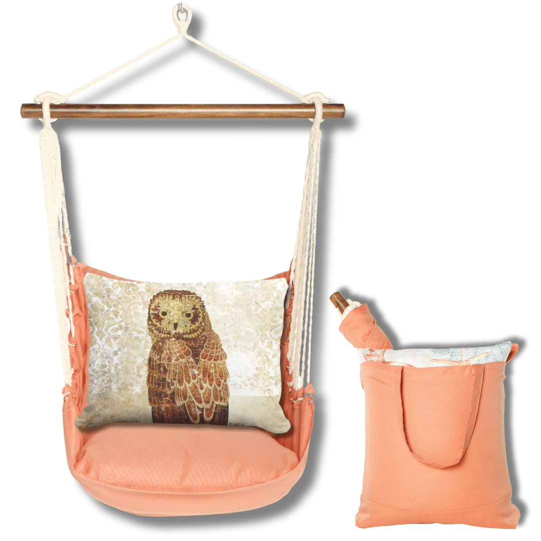 Multi colored outdoor swing crafted by the artisans of Magnolia Casual called the Swing Set 4 piece Living Coral w/ Owl Portrait featuring 100 percent weather resistant fabric, weather resistant polyester fabric, handcrafted shown against a clean backdrop featuring with a coral motif and shades of coral.