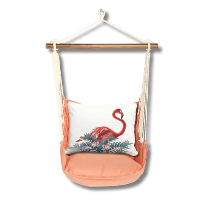 Pink outdoor swing crafted by the artisans of Magnolia Casual called the Swing Set 4 piece Living Coral w/ Vivid Flamingo Pink featuring 100 percent weather resistant fabric, weather resistant polyester fabric, handcrafted shown against a clean backdrop featuring with a coral motif and shades of coral and pink.