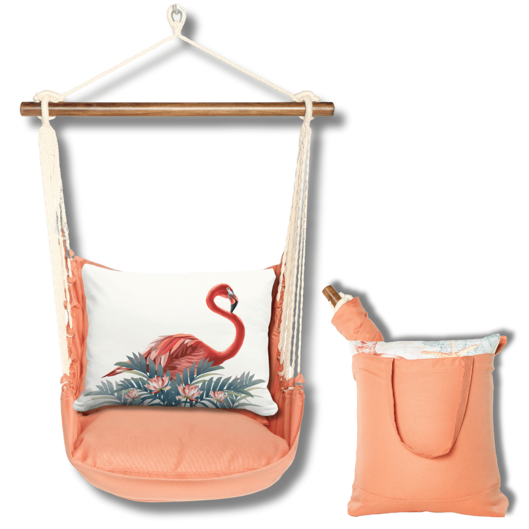 Pink outdoor swing crafted by the artisans of Magnolia Casual called the Swing Set 4 piece Living Coral w/ Vivid Flamingo Pink featuring 100 percent weather resistant fabric, weather resistant polyester fabric, handcrafted shown against a clean backdrop featuring with a coral motif and shades of coral and pink.