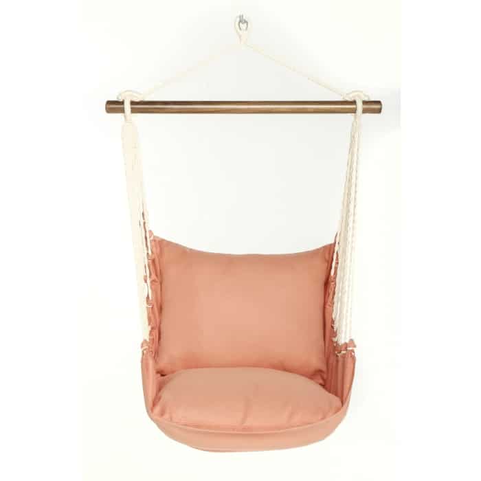 Multi colored outdoor swing crafted by the artisans of Magnolia Casual called the Swing Set 4 piece Living Coral w/ Living Coral featuring 100 percent weather resistant fabric, weather resistant polyester fabric, handcrafted shown against a clean backdrop featuring with a coral motif and shades of coral.
